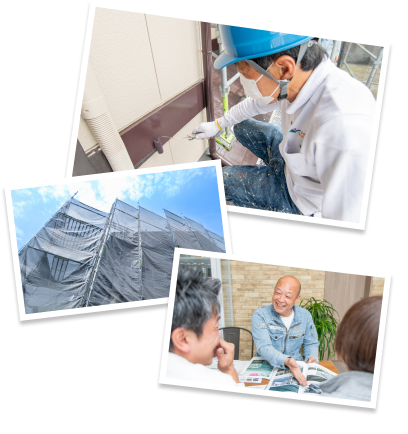 塗装工事中の様子、足場のかかった現場、お客様にパンフレットの内容を説明している様子